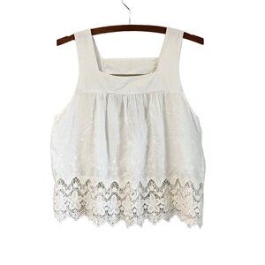 Cope Womens White Floral Embroidered Crochet Hem Sleeveless Blouse Size Medium